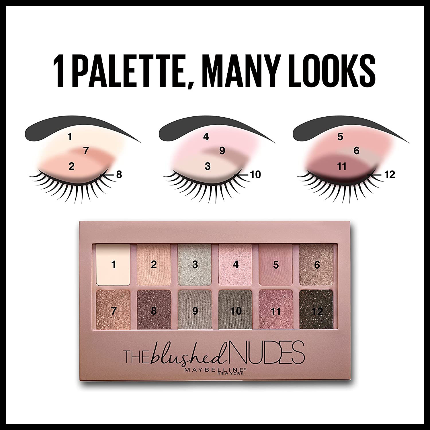 Maybelline The Blushed Nudes Eyeshadow Palette, Includes 12 Pigmented Shades and 2 Double Ended Eye Makeup Applicators, 1 Count - Image 5